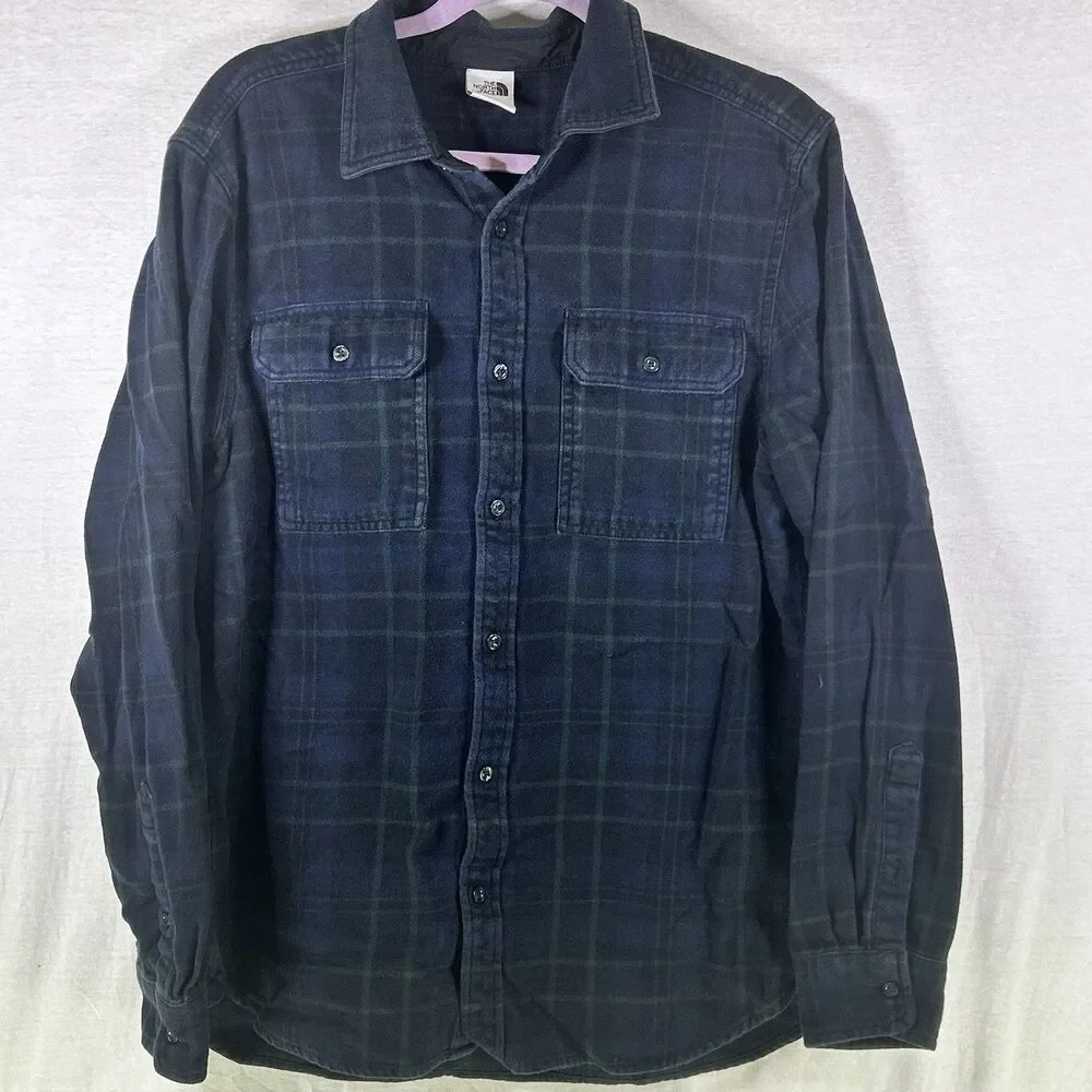 The North Face Blue Black Plaid Heavyweight Outdoor Flannel Shirt Men Sz Large